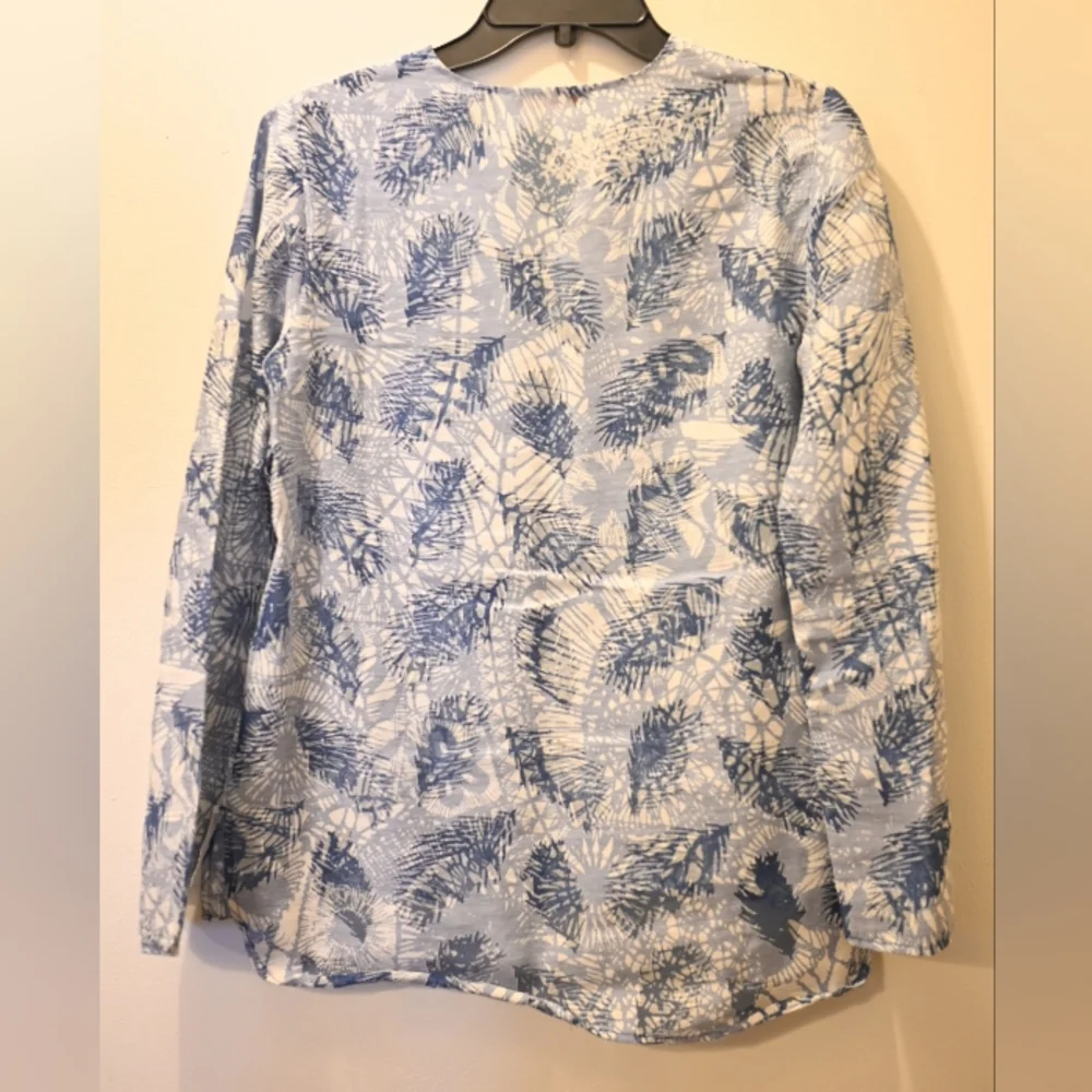 Tory Burch Blue Sheer Linen Blend Blouse Tunic Top Oversize 4 Palm Leaf Summer
